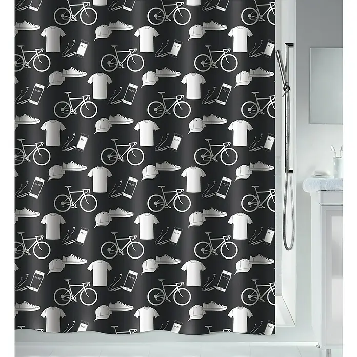 Spirella Cortina de baño Patch - An x Al: 180 x 200 cm, Plástico, Negro/Blanco - Cortina de ducha negra con bicicletas, camisetas, zapatos, móviles y gorras, ideal para amantes del deporte y decoración de baño.