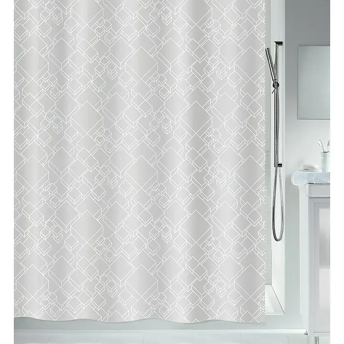 Spirella Cortina de baño Peer - An x Al: 180 x 200 cm, Plástico, Blanco - Cortina de ducha gris con patrón geométrico. La cortina está colgada en un baño con ducha y lavabo.