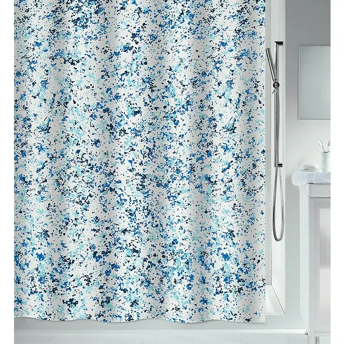 Spirella Cortina de baño - An x Al: 180 x 200 cm, Plástico, Blanco/Azules - Vista de baño con una cortina de ducha blanca con salpicaduras azules. La cortina de ducha añade un toque de color a la estancia.