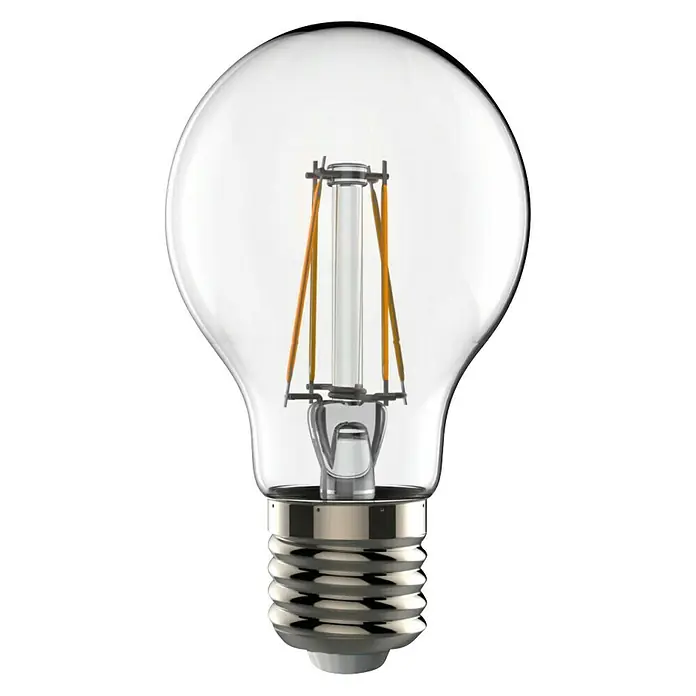 Garza Set de bombillas LED Filamento - E27, Blanco cálido, 1.050 lm, 8 W, 3 ud. - Esta toma de cerca muestra una bombilla con un cuerpo de vidrio transparente y un filamento en espiral decorativo, que emite una luz cálida y acogedora.