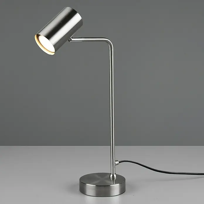 Trio Lighting Marley Lámpara de sobremesa redonda - 5 W, Ø x Al: 12 x 45 cm, Níquel, GU10 - Elegante lámpara de escritorio plateada con pantalla cilíndrica, que emite una luz cálida y añade un toque moderno a cualquier espacio de trabajo.