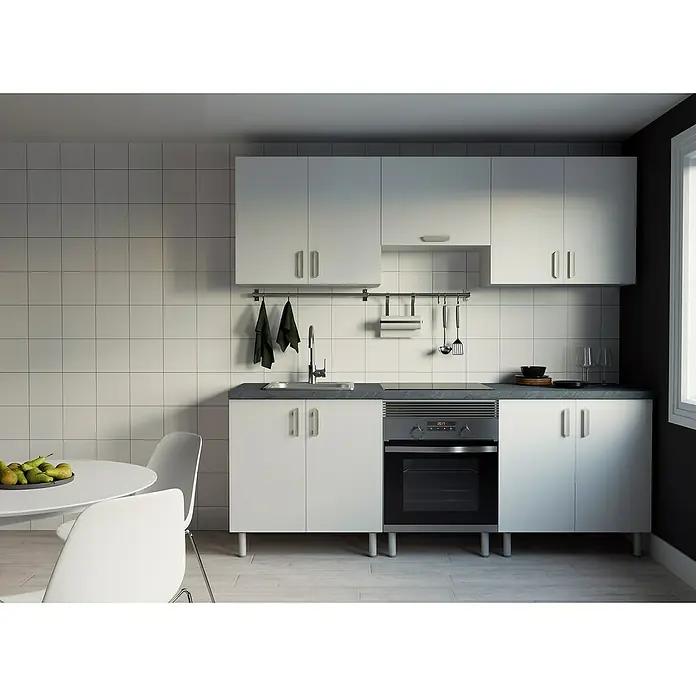 Top Element Cocina compacta - Ancho: 2,2 m, Sin electrodomésticos, Blanco, 4 pzs. - Cocina moderna blanca con armarios superiores e inferiores, horno integrado y encimera clara. Diseño minimalista y funcional.