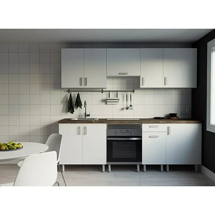Top Element Cocina compacta - Ancho: 2,4 m, Sin electrodomésticos, Blanco, 8 pzs. - Una cocina moderna con armarios blancos y encimeras oscuras, incluyendo un horno empotrado y una mesa de comedor luminosa.
