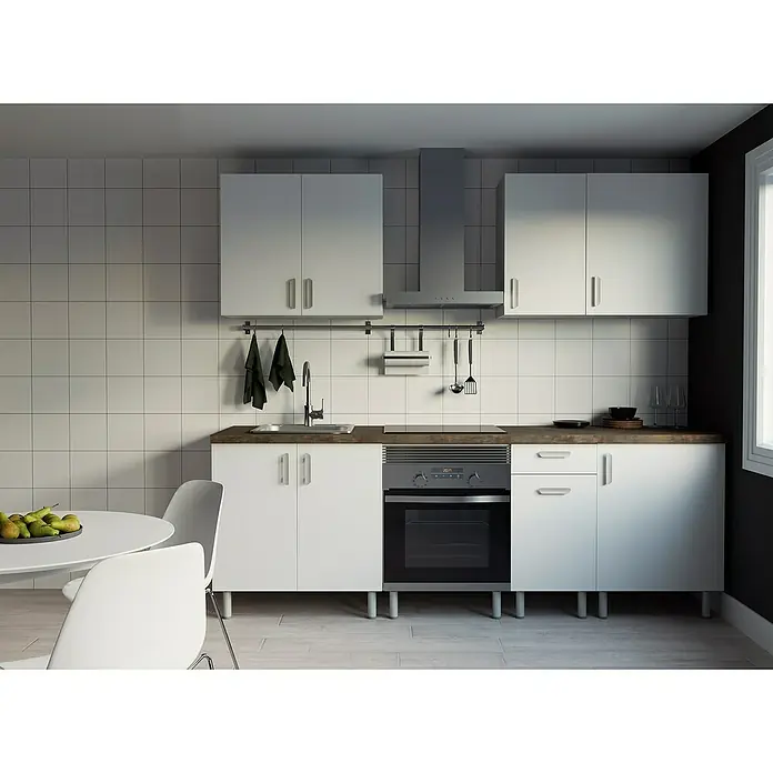 Top Element Cocina compacta - Ancho: 2,4 m, Sin electrodomésticos, Blanco, 7 pzs. - Cocina luminosa con armarios blancos, campana extractora y encimera de madera oscura, que combina funcionalidad con diseño moderno.