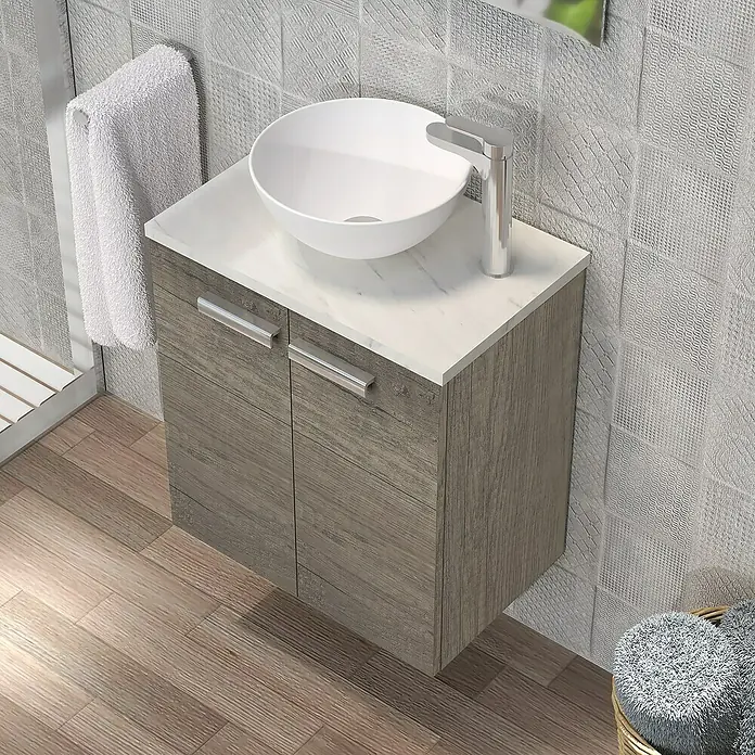 Artysan Conjunto de mueble de baño Zen - Nebraska, 3 pzs. - Un tocador de baño con un lavabo redondo sobre encimera y un gabinete de madera ofrece un almacenamiento elegante.