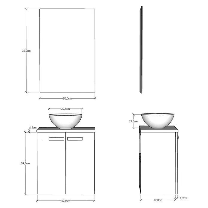 Artysan Conjunto de mueble de baño Zen - Nebraska, 3 pzs. - Ilustración de un mueble de baño con lavabo y armario con espejo, con dimensiones proporcionadas.