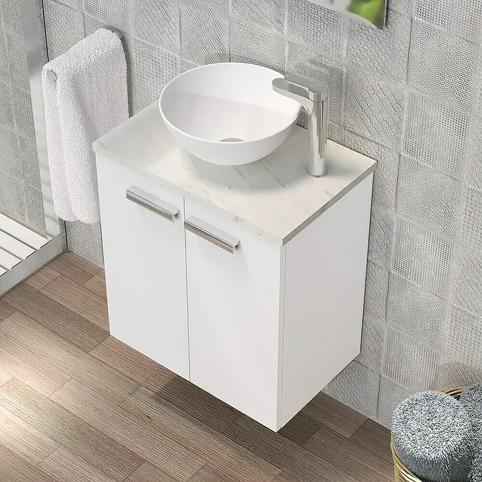 Artysan Conjunto de mueble de baño Zen - Blanco, 3 pzs. - Elegante conjunto de mueble de baño con armario blanco, lavabo sobre encimera redondo y grifo moderno para baños elegantes.