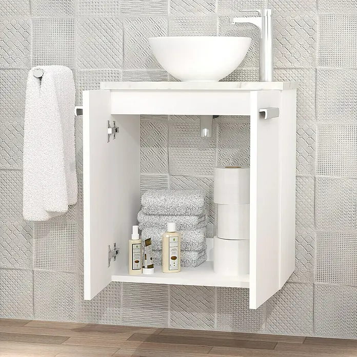 Artysan Conjunto de mueble de baño Zen - Blanco, 3 pzs. - Imagen de un mueble de baño con lavabo, toallas y artículos de aseo, que ofrece soluciones de almacenamiento y organización.