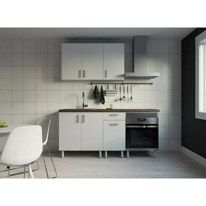 Top Element Cocina compacta - Ancho: 1,8 m, Sin electrodomésticos, Blanco, 5 pzs. - Diseño de cocina luminoso con armarios blancos, una encimera oscura y un horno integrado bajo una campana extractora.