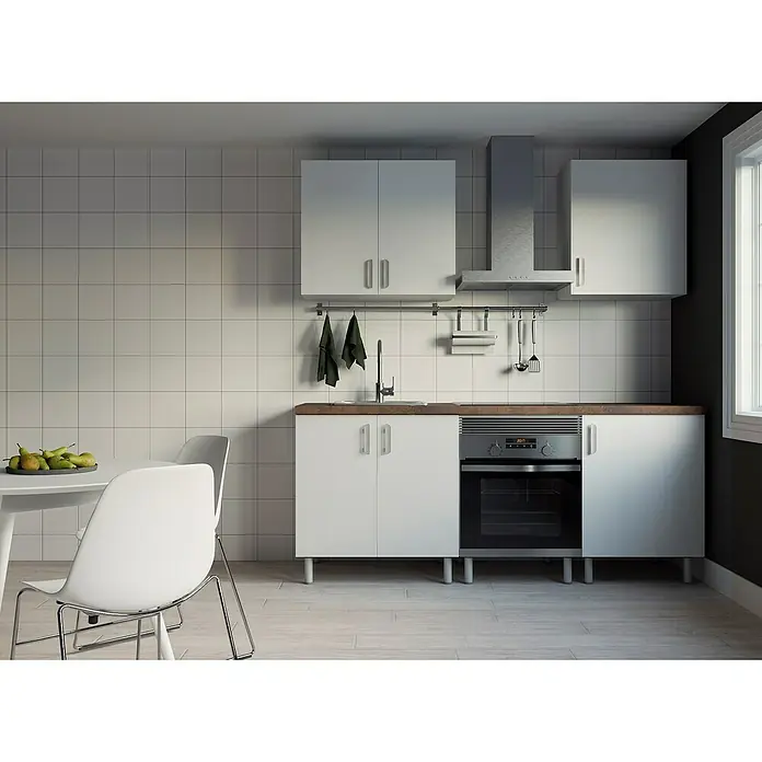 Top Element Cocina compacta - Ancho: 2 m, Sin electrodomésticos, Blanco, 5 pzs. - Vista de cocina con armarios blancos, campana extractora de acero inoxidable y una elegante mesa de comedor con un frutero. Diseño de cocina luminoso y moderno.