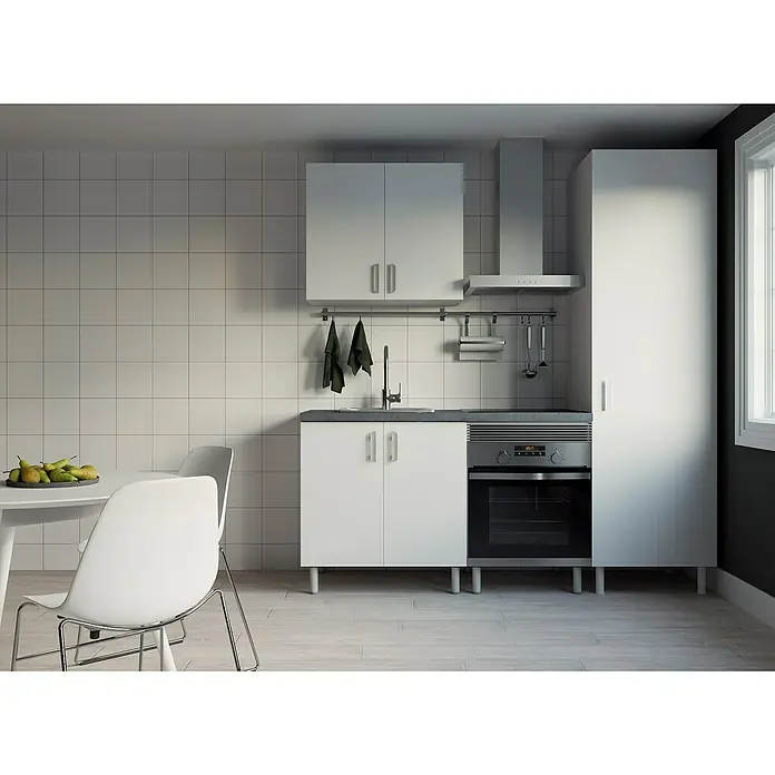 Top Element Cocina compacta - Ancho: 2 m, Sin electrodomésticos, Blanco, 4 pzs. - Cocina luminosa con armarios blancos, encimera y horno empotrado. Una campana extractora de acero inoxidable está montada sobre la cocina.