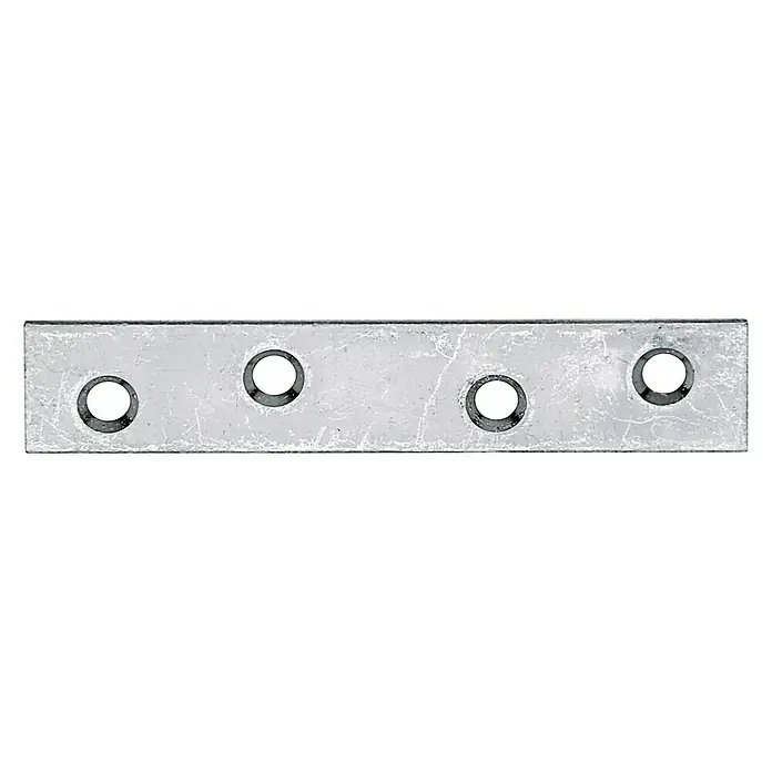 Alberts Pletina de ensamblaje - L x An: 80 x 15 mm, 1 ud. - Primer plano de una placa metálica plateada con cuatro orificios sobre un fondo negro.