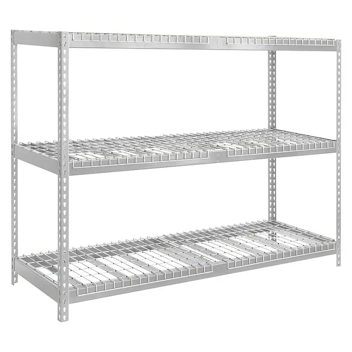 Simonrack Simontaller Schwerlastregal Ecoforte Rex - H x B x T: 200 x 180 x 60 cm, Traglast pro Boden: 400 kg, Anzahl Böden: 3 Stk., Stecken, Silber - Das Bild zeigt ein robustes, graues Drahtregal mit drei Ebenen, ideal für Lagerung und Organisation in Werkstätten oder Lagerräumen.