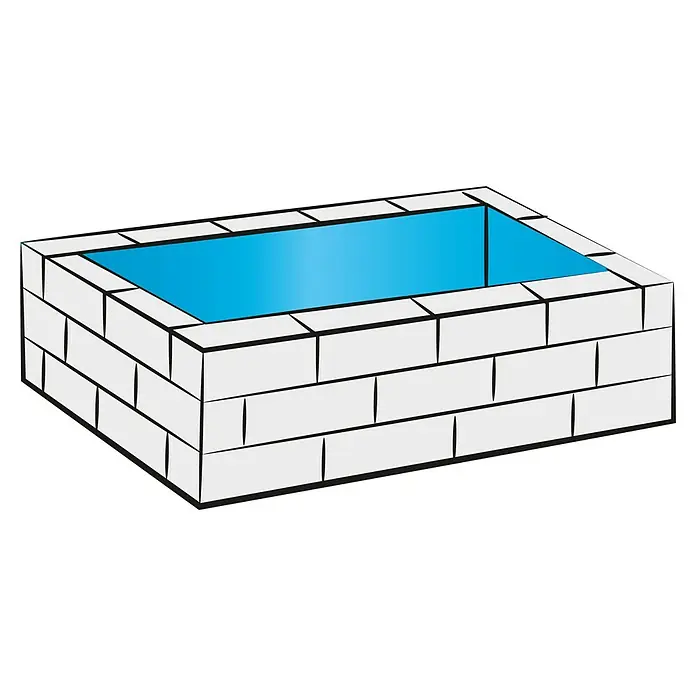Steinbach Bausatz-Pool Basic 1 - L x B x H: 600 x 300 x 150 cm, 26.000 l - Ein rechteckiger, gemauerter Brunnen mit blauem Wasser gefüllt, dargestellt in einer einfachen, cartoonartigen Illustration.