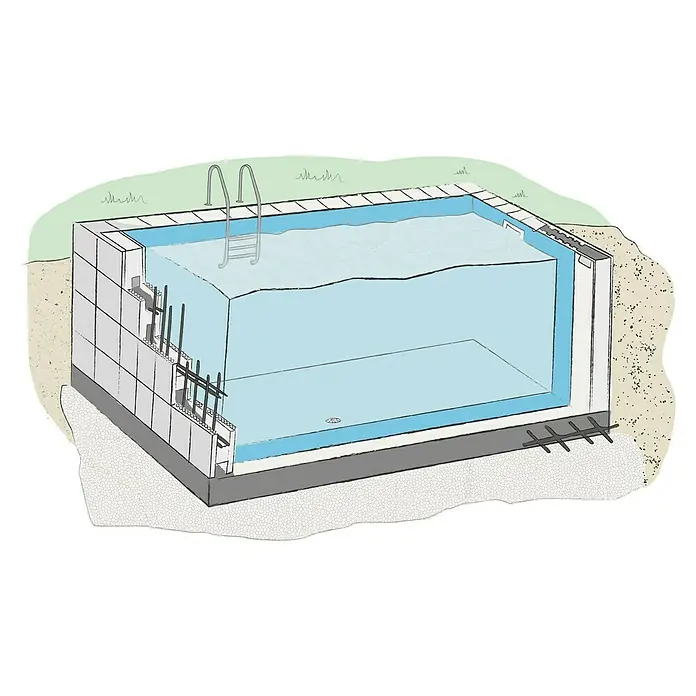 Steinbach Bausatz-Pool Basic 1 - L x B x H: 600 x 300 x 150 cm, 26.000 l - Illustration eines Schwimmbeckens im Bau mit Einblick in die innere Struktur, inklusive Leiter und Stahlarmierungen.