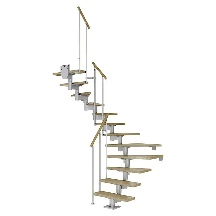 Dolle Mittelholmtreppe Cork - Breite: 75 cm, Perlgrau, 1/2-gewendelt, Farbe Stufen: Eiche Natur, Geschosshöhe: 240 cm - 292 cm, Einzelstabgeländer - Eine moderne Raumspartreppe mit hellen Holzstufen und silbernen Geländern. Die Treppe schlängelt sich elegant nach oben.