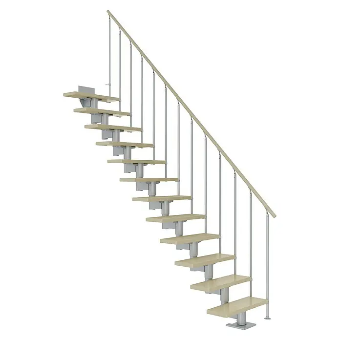 Dolle Mittelholmtreppe Cork - Breite: 75 cm, Perlgrau, Gerade, Farbe Stufen: Ahorn Natur, Geschosshöhe: 222 cm - 270 cm, Einzelstabgeländer - Eine elegante Raumspartreppe mit hellen Holzstufen und silberfarbenen Geländerstäben, ideal für moderne Innenräume.