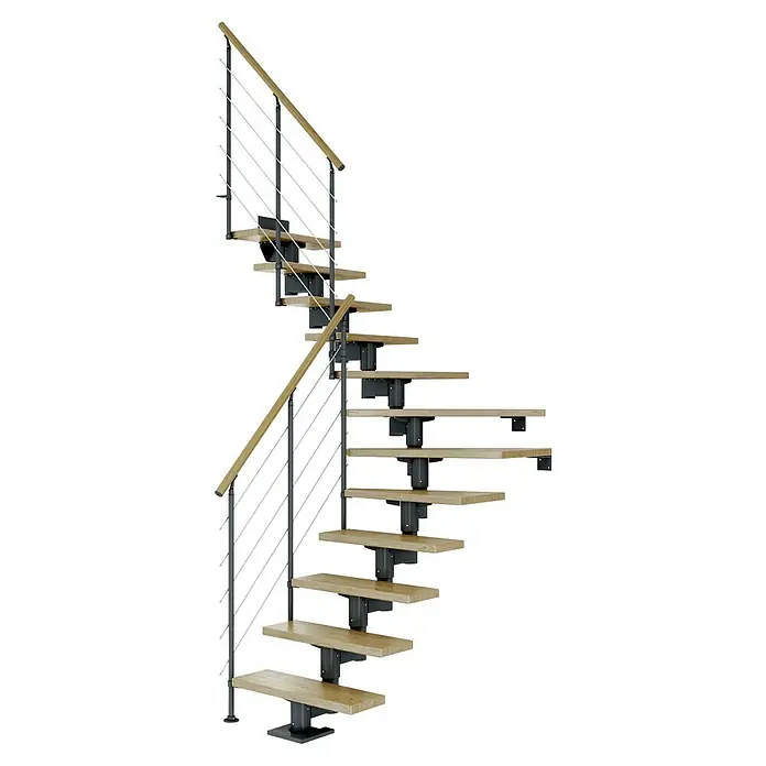 Dolle Mittelholmtreppe Cork - Breite: 75 cm, Anthrazitgrau, 1/4-gewendelt, Farbe Stufen: Eiche Natur, Geschosshöhe: 222 cm - 270 cm, Edelstahlgeländer - Eine elegante Wendeltreppe mit Holzstufen und einem modernen Geländer aus Metall, ideal für stilvolle Innenräume.
