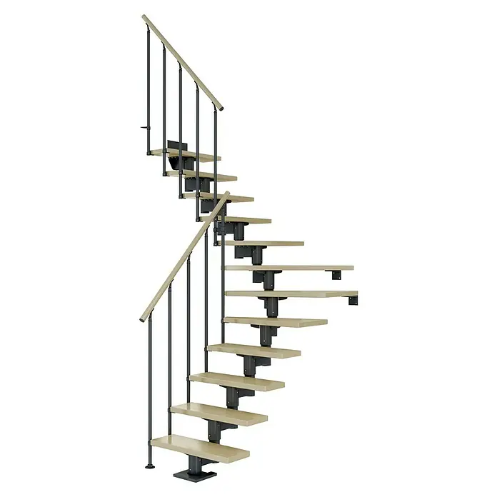Dolle Mittelholmtreppe Cork - Breite: 75 cm, Anthrazitgrau, 1/4-gewendelt, Farbe Stufen: Ahorn Natur, Geschosshöhe: 278 cm - 337 cm, Einzelstabgeländer - Aufnahme einer Wendeltreppe mit grauen Metallgeländern und hellbraunen Holzstufen vor einem schwarzen Hintergrund.