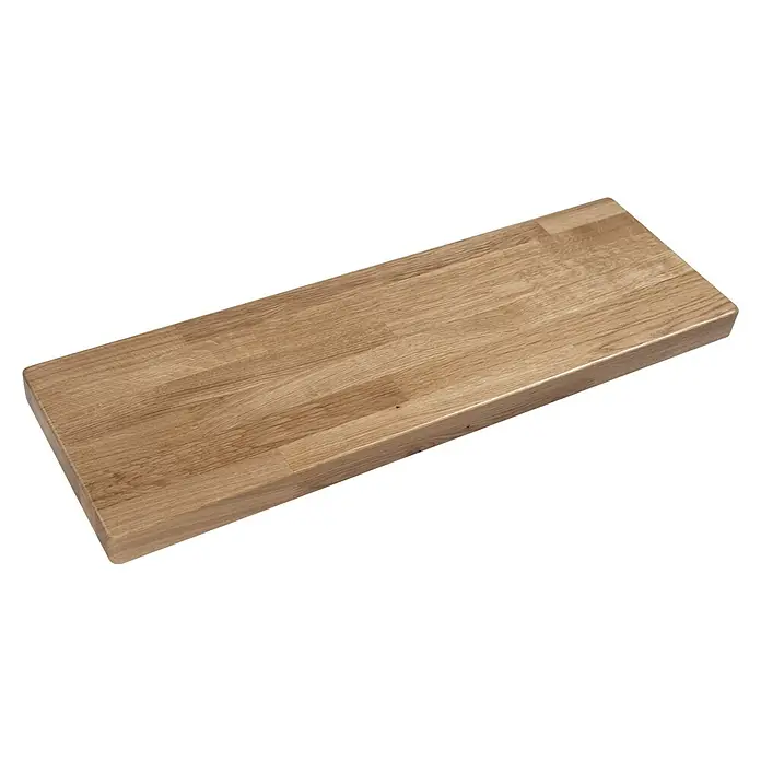 Dolle Mittelholmtreppe DublinBreite: 75 cm, Anthrazitgrau, 1/4-gewendelt, Farbe Stufen: Eiche Natur, Geschosshöhe: 278 cm - 337 cm, Edelstahlgeländer - Eine rechteckige, helle Holzstufe, ideal für Treppen oder Regale, mit abgerundeten Kanten und einer glatten Oberfläche.