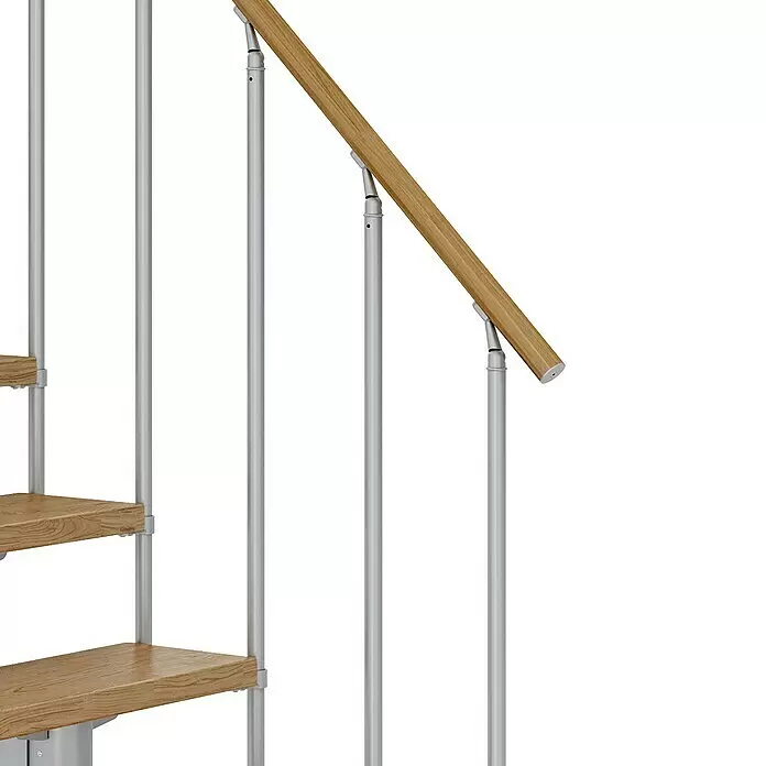 Dolle Mittelholmtreppe CorkBreite: 75 cm, Perlgrau, 1/4-gewendelt, Farbe Stufen: Eiche Natur, Geschosshöhe: 259 cm - 315 cm, Einzelstabgeländer