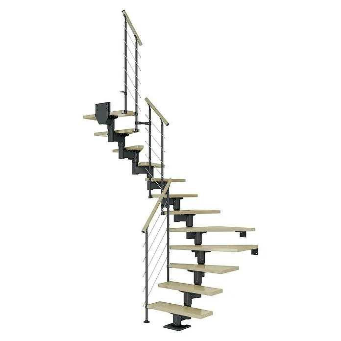 Dolle Mittelholmtreppe CorkBreite: 75 cm, Anthrazitgrau, 1/2-gewendelt, Farbe Stufen: Ahorn Natur, Geschosshöhe: 278 cm - 337 cm, Edelstahlgeländer - Die elegante Wendeltreppe ist ein echter Blickfang. Die Treppe verfügt über eine moderne Optik mit hellen Stufen und einem dunklen Geländer.