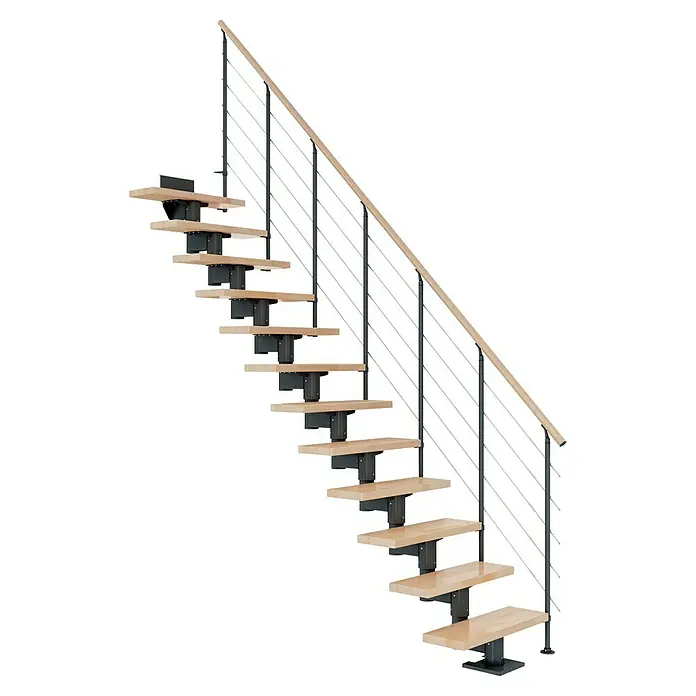 Dolle Mittelholmtreppe Cork - Breite: 75 cm, Anthrazitgrau, Gerade, Farbe Stufen: Buche Natur, Geschosshöhe: 222 cm - 270 cm, Edelstahlgeländer - Eine moderne Treppe mit Holzstufen, Metallgeländer und hellen Holzhandläufen. Sie ist minimalistisch gestaltet und wirkt schwebend.