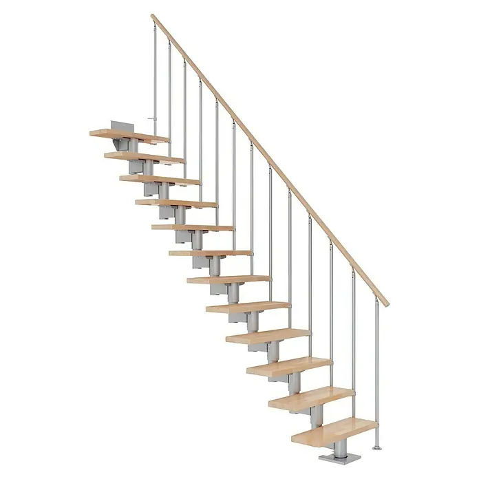 Dolle Mittelholmtreppe Cork - Breite: 75 cm, Perlgrau, Gerade, Farbe Stufen: Buche Natur, Geschosshöhe: 240 cm - 292 cm, Einzelstabgeländer - Eine moderne Treppe mit hellen Holzstufen und silberfarbenen Geländern vor schwarzem Hintergrund.