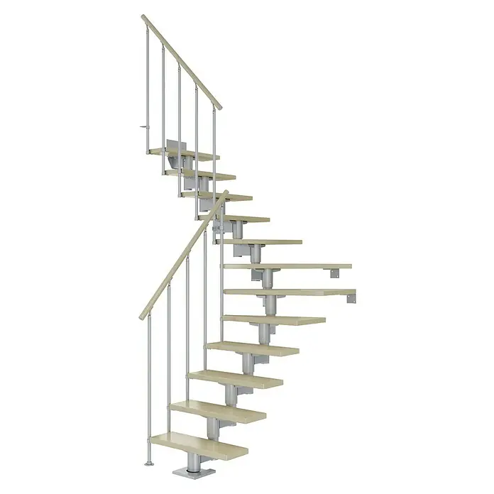 Dolle Mittelholmtreppe Cork - Breite: 75 cm, Perlgrau, 1/4-gewendelt, Farbe Stufen: Ahorn Natur, Geschosshöhe: 222 cm - 270 cm, Einzelstabgeländer - Wendeltreppe mit Holzstufen und Metallgeländer, ideal für platzsparende Lösungen und modernes Design im Innenbereich.