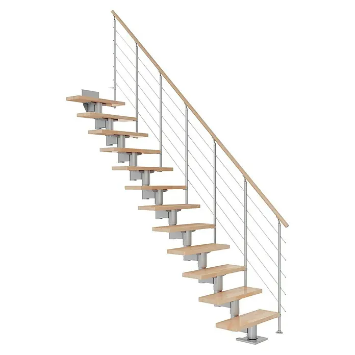 Dolle Mittelholmtreppe Cork - Breite: 75 cm, Perlgrau, Gerade, Farbe Stufen: Buche Natur, Geschosshöhe: 222 cm - 270 cm, Edelstahlgeländer - Moderne Treppe mit Holzstufen und Edelstahlgeländer. Die minimalistische Konstruktion sorgt für ein offenes und helles Raumgefühl.