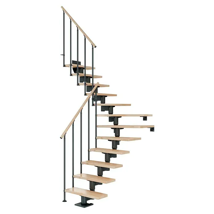 Dolle Mittelholmtreppe Cork - Breite: 75 cm, Anthrazitgrau, 1/4-gewendelt, Farbe Stufen: Buche Natur, Geschosshöhe: 259 cm - 315 cm, Einzelstabgeländer - Wendeltreppe mit Holzstufen und einem schwarzen Geländer. Die Treppe schlängelt sich nach oben und bietet einen sicheren Aufstieg.