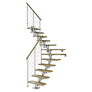 Dolle Mittelholmtreppe Cork (Breite: 75 cm, Perlgrau, 1/4-gewendelt, Farbe Stufen: Eiche Natur, Geschosshöhe: 222 cm - 270 cm, Edelstahlgeländer)