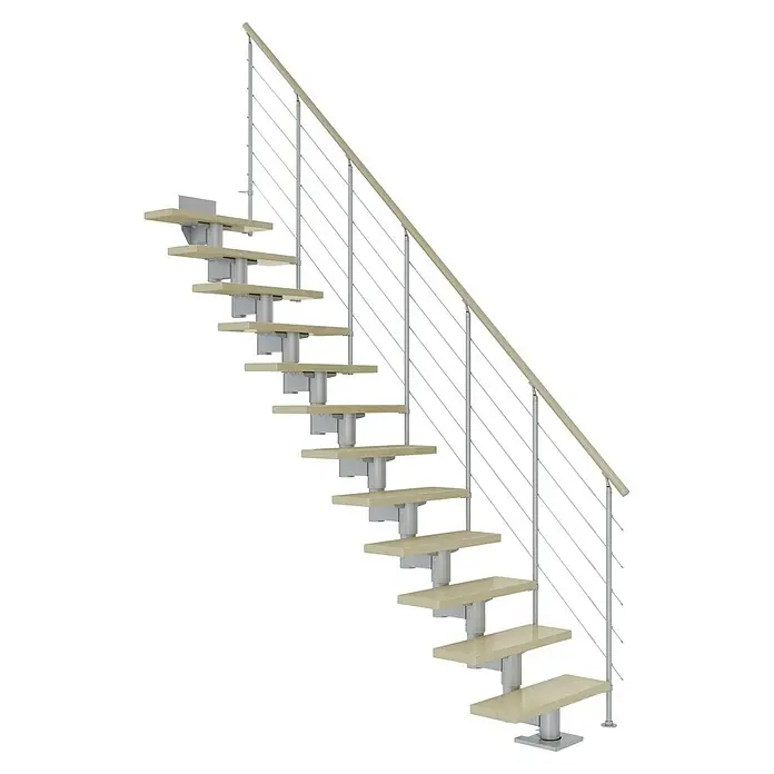 Dolle Mittelholmtreppe Cork - Breite: 75 cm, Perlgrau, Gerade, Farbe Stufen: Ahorn Natur, Geschosshöhe: 222 cm - 270 cm, Edelstahlgeländer - Eine moderne Treppe mit hellem Holz und silberfarbenen Geländerstäben. Diese Treppe ist minimalistisch und elegant im Design.