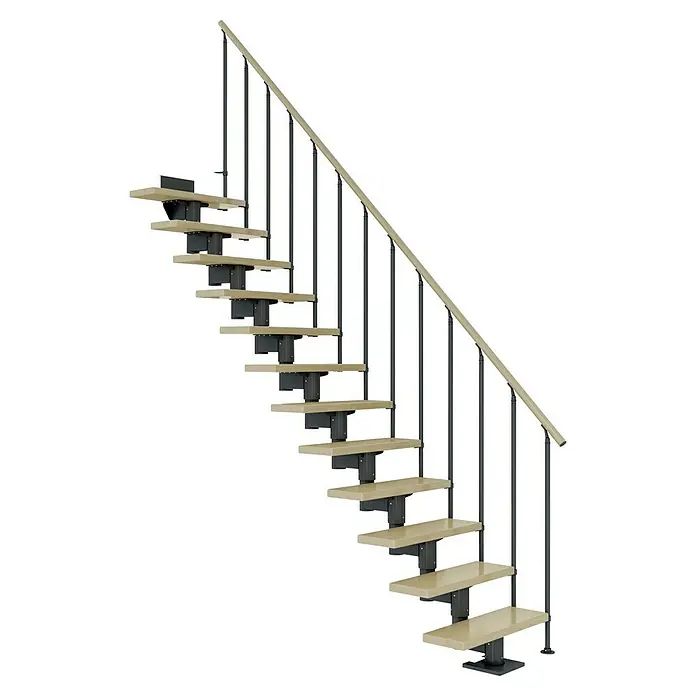 Dolle Mittelholmtreppe Cork - Breite: 75 cm, Anthrazitgrau, Gerade, Farbe Stufen: Ahorn Natur, Geschosshöhe: 222 cm - 270 cm, Einzelstabgeländer - Eine moderne Treppe mit hellen Holzstufen und einem dunklen Geländer auf schwarzem Hintergrund, die einen stilvollen Kontrast bietet.