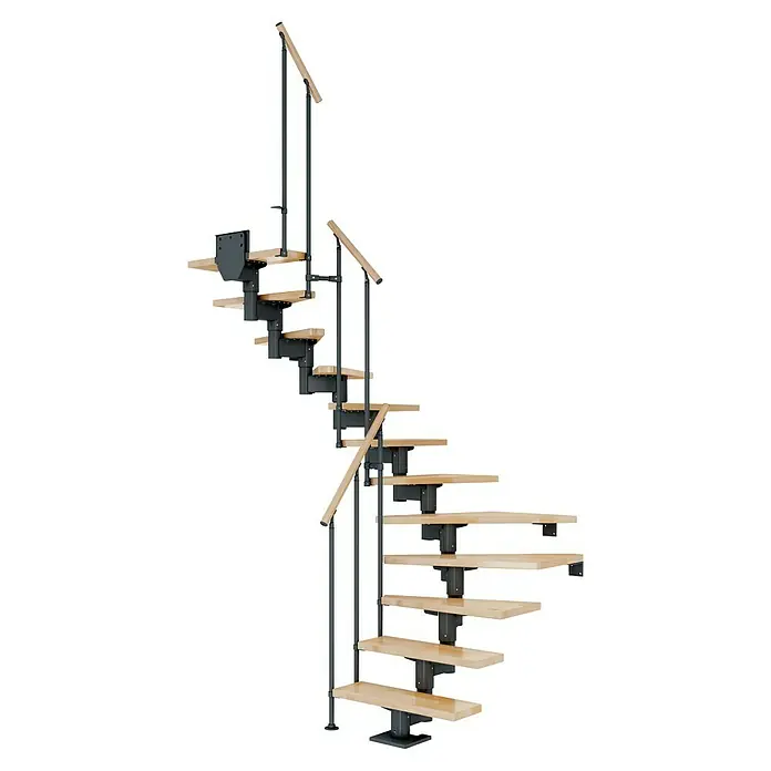 Dolle Mittelholmtreppe Cork - Breite: 75 cm, Anthrazitgrau, 1/2-gewendelt, Farbe Stufen: Buche Natur, Geschosshöhe: 240 cm - 292 cm, Einzelstabgeländer - Eine elegante Spindeltreppe mit hellen Holzstufen und dunklen Metallgeländern, die sich spiralförmig nach oben windet und ein modernes Design zeigt.