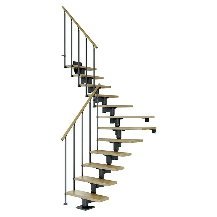 Dolle Mittelholmtreppe Cork - Breite: 75 cm, Anthrazitgrau, 1/4-gewendelt, Farbe Stufen: Eiche Natur, Geschosshöhe: 222 cm - 270 cm, Einzelstabgeländer - Eine elegante Wendeltreppe mit Holzstufen und einem robusten, dunklen Geländer für den Innenbereich. Optimal für moderne Wohnräume.