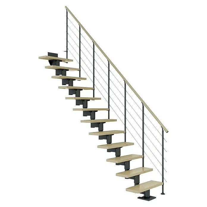 Dolle Mittelholmtreppe Cork - Breite: 75 cm, Anthrazitgrau, Gerade, Farbe Stufen: Ahorn Natur, Geschosshöhe: 222 cm - 270 cm, Edelstahlgeländer - Treppe mit hellen Holzstufen und einem modernen Geländer aus dunklen vertikalen Pfosten und horizontalen Edelstahlstäben.