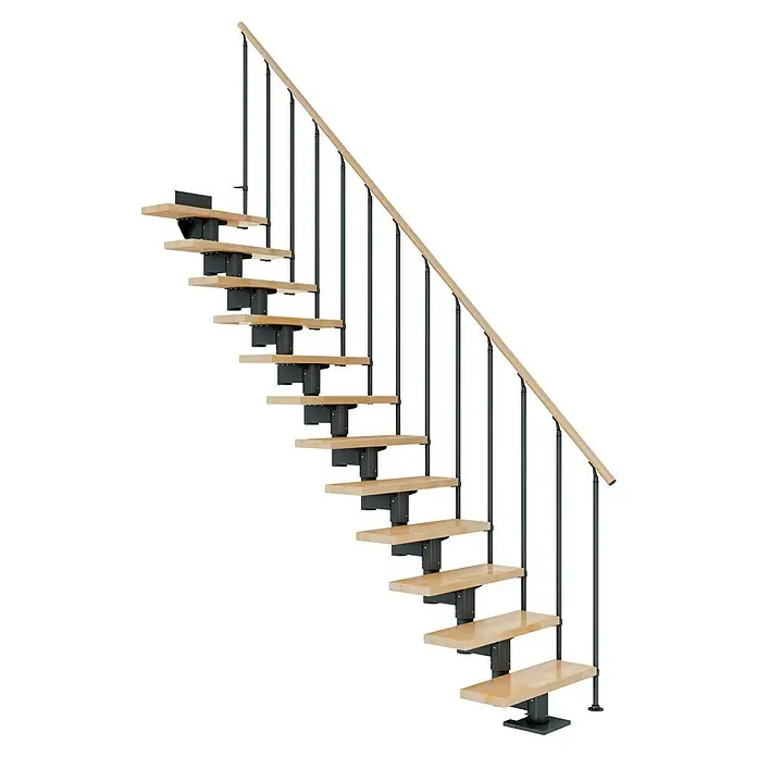 Dolle Mittelholmtreppe Cork - Breite: 75 cm, Anthrazitgrau, Gerade, Farbe Stufen: Buche Natur, Geschosshöhe: 222 cm - 270 cm, Einzelstabgeländer - Holztreppe mit Geländer und schwarzen Metallstützen für den Innenbereich. Die Treppe ist modern und minimalistisch gestaltet.