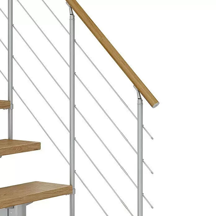 Dolle Mittelholmtreppe Cork - Breite: 75 cm, Perlgrau, Gerade, Farbe Stufen: Eiche Natur, Geschosshöhe: 259 cm - 315 cm, Edelstahlgeländer - Detailaufnahme