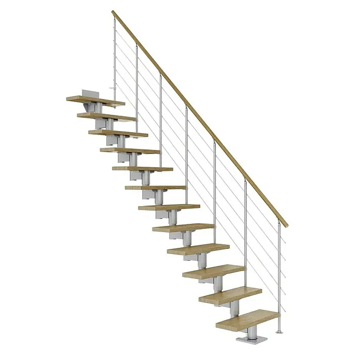 Dolle Mittelholmtreppe Cork - Breite: 75 cm, Perlgrau, Gerade, Farbe Stufen: Eiche Natur, Geschosshöhe: 240 cm - 292 cm, Edelstahlgeländer - Eine moderne Treppe mit Holzstufen, silbernen Geländern und einem hölzernen Handlauf, ideal für ein stilvolles Zuhause.