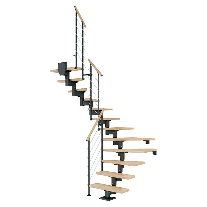 Dolle Mittelholmtreppe Cork - Breite: 75 cm, Anthrazitgrau, 1/2-gewendelt, Farbe Stufen: Buche Natur, Geschosshöhe: 240 cm - 292 cm, Edelstahlgeländer - Diese Aufnahme zeigt eine Wendeltreppe mit Holzstufen und einem Geländer aus Metall, die sich spiralförmig nach oben windet.