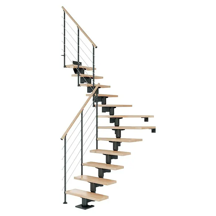 Dolle Mittelholmtreppe Cork - Breite: 75 cm, Anthrazitgrau, 1/4-gewendelt, Farbe Stufen: Buche Natur, Geschosshöhe: 222 cm - 270 cm, Edelstahlgeländer - Eine elegante Wendeltreppe mit hellen Holzstufen und einem modernen Geländerdesign, ideal für stilvolle Innenräume.