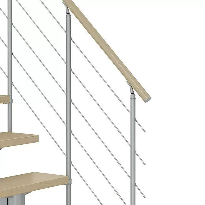 Dolle Mittelholmtreppe Cork - Breite: 75 cm, Perlgrau, 1/2-gewendelt, Farbe Stufen: Ahorn Natur, Geschosshöhe: 259 cm - 315 cm, Edelstahlgeländer - Modernes Treppengeländer mit hellem Holzhandlauf, silbernen Metallstäben und hellen Holzstufen.