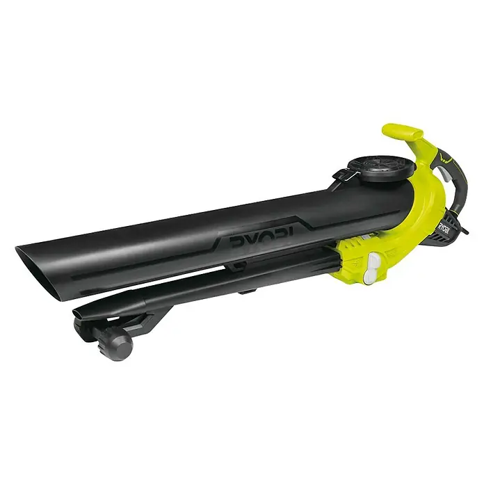 Ryobi Elektro-Laubsauger RBV3000CESV - 3.000 W, Blasgeschwindigkeit: 375 km/h, Blasleistung: 14 m³/min - Das Bild zeigt einen Ryobi Laubbläser/Sauger in Schwarz und Limonengrün, ein Gartengerät für die Reinigung von Außenbereichen.
