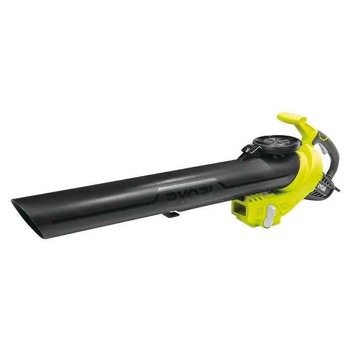 Ryobi Elektro-Laubsauger RBV3000CESV - 3.000 W, Blasgeschwindigkeit: 375 km/h, Blasleistung: 14 m³/min - Ein Ryobi Akku-Laubsauger mit einem gelben Griff und einem schwarzen Saugrohr, ideal für die Gartenarbeit.