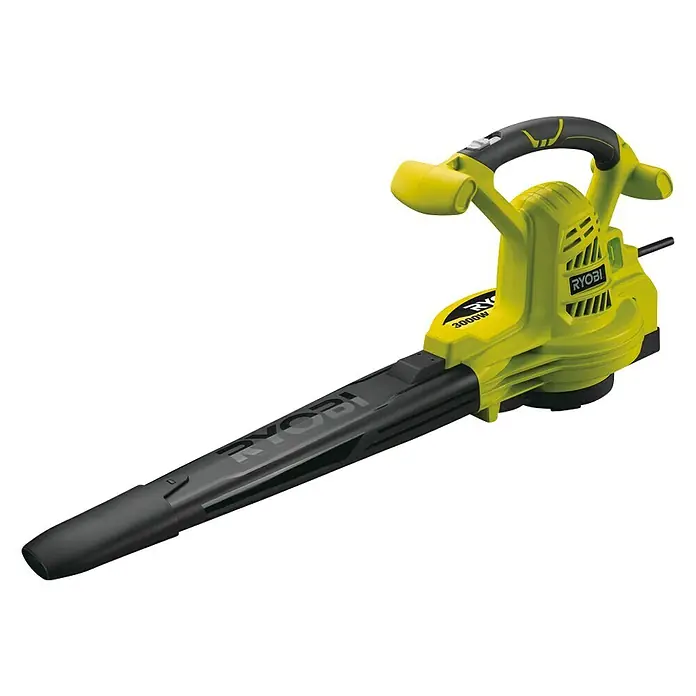 Ryobi Elektro-Laubbläser RBV3000CSV - 3.000 W, Blasgeschwindigkeit: 375 km/h, Blasleistung: 14 m³/min - Abbildung eines Laubbläsers von Ryobi, einem gelben Gartengerät zum Entfernen von Laub.