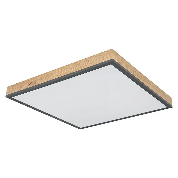 Globo Doro LED-Panel Holzoptik - 24 W, 45 x 45 cm, Holzoptik/Graphit, Warmweiß - Quadratische Deckenleuchte mit Holzrahmen und grauer Umrandung vor schwarzem Hintergrund.