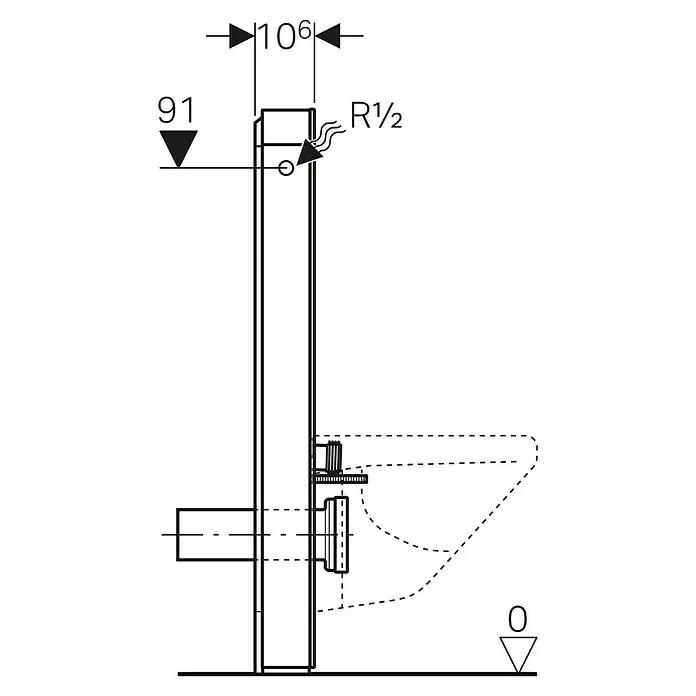 Geberit Sanitärmodul für Wand-WC Monolith - 131.022.SI.5 - 2-Mengen-Spülung, 10,6 x 48,2 x 101 cm, Weiß - Abbildung einer Sanitäreinrichtung mit den Maßen 106 mm Breite, 91 mm Höhe und einem R 1/2-Anschluss. Technische Zeichnung für Badplanung.