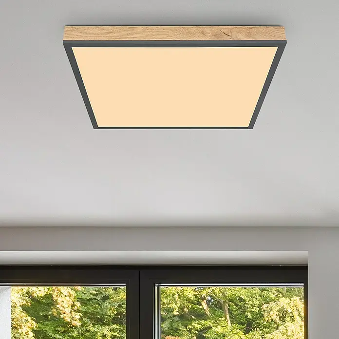 Globo Doro LED-Panel Holzoptik - 24 W, 45 x 45 cm, Holzoptik/Graphit, Warmweiß - Die quadratische Deckenleuchte mit Holzrahmen und sanftem Licht sorgt für eine gemütliche Atmosphäre im Raum.