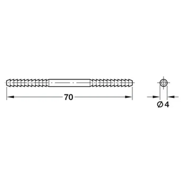 Häfele Conector roscado para insertar - Largo: 70 mm, Diámetro: 4 mm, 100 ud. - Ilustración de un tornillo para conexión de madera, con una longitud de 70 mm y un diámetro de 4 mm.